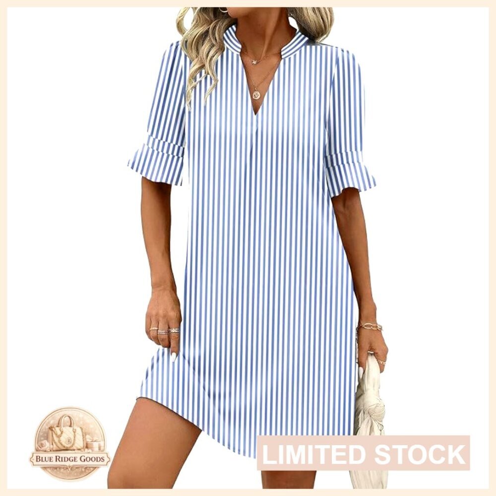 V-Neck Ruffle Sleeve Shift Dress Casual Summer Mini Boho Beach Vacation